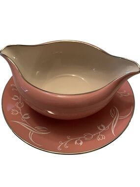 Flintridge China snow tulip pink silver rim Gravy Boat  Attached Underplate